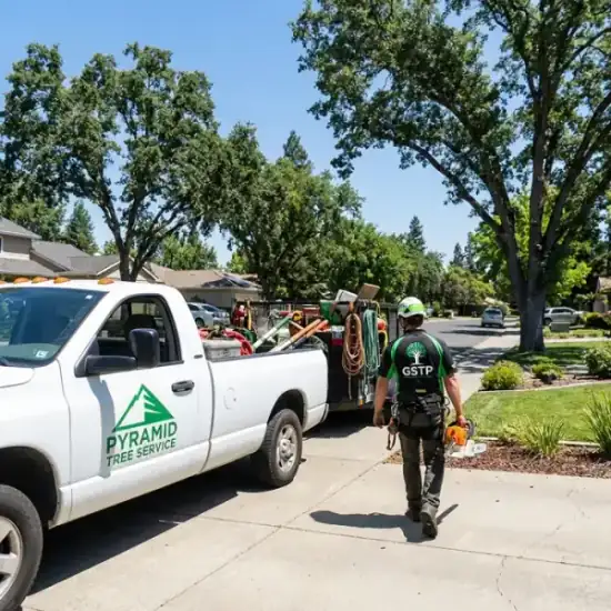 HLI Tree Experts truck arriving at a Riverside residential job